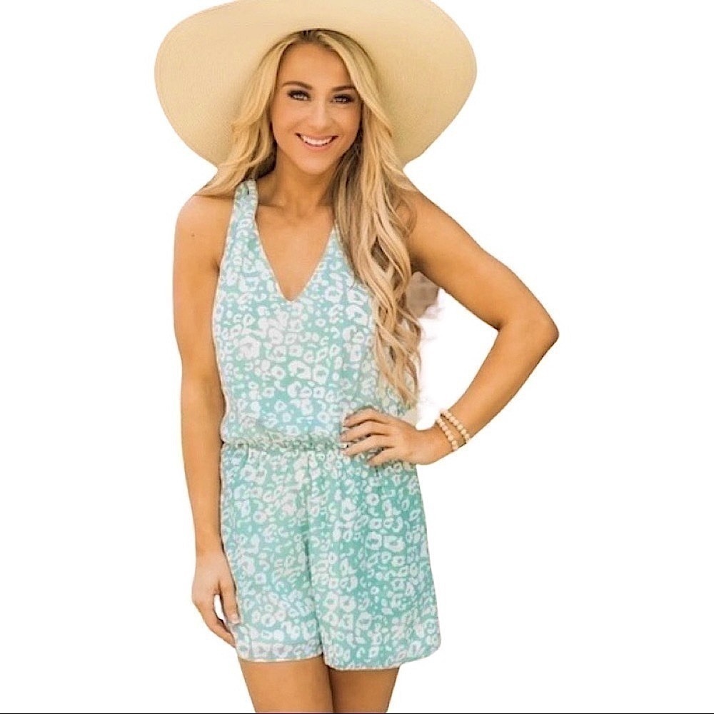 PINK Lily WON'T BREAK YOUR HEART TAUPE SPOTTED ROMPER.